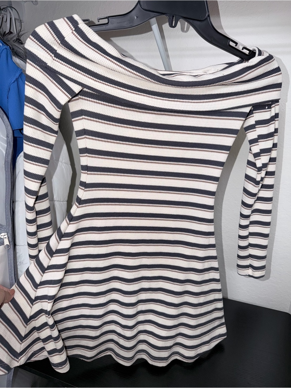Windsor Cream and Black Striped Off-Shoulder Long Sleeve Dress